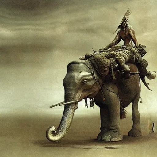 Image similar to tribal warrior riding a war elephant concept art, by beksinski