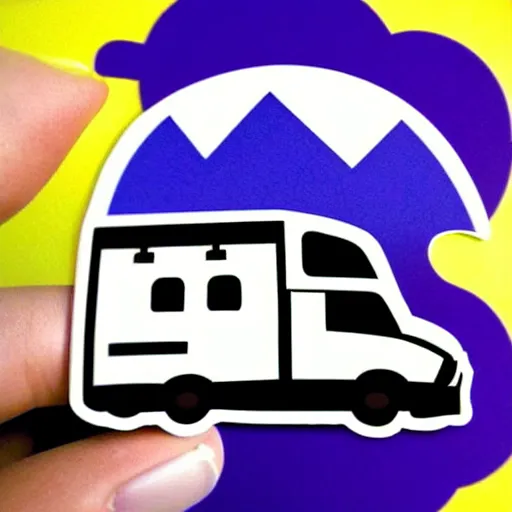 Image similar to sticker of a white and black cute thor chateau! motorhome camper!!, mountains, colorful sunset!!, stencil, sticker!! by tom whalen