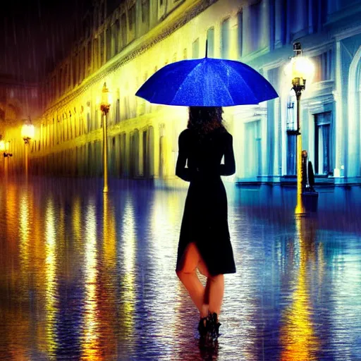 Image similar to of london city at night in the rain reflections and a beautiful women with an umbrella artistic digital art lots of detail cinematic uplighting