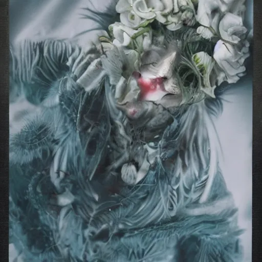 Image similar to a beautiful detailed front view portrait of a rotten woman corpse with fractal plants and fractal flowers growing around, volumetric light, beautiful lit, polaroid photography