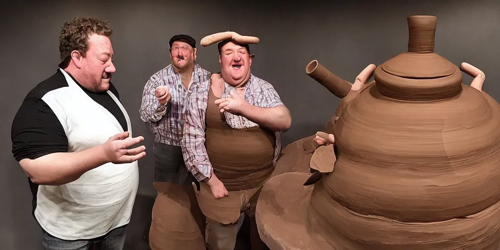 Prompt: johnny vegas making a very large clay teapot, art school, studio, wet clay, photorealistic, stand up comedy, audience, stage