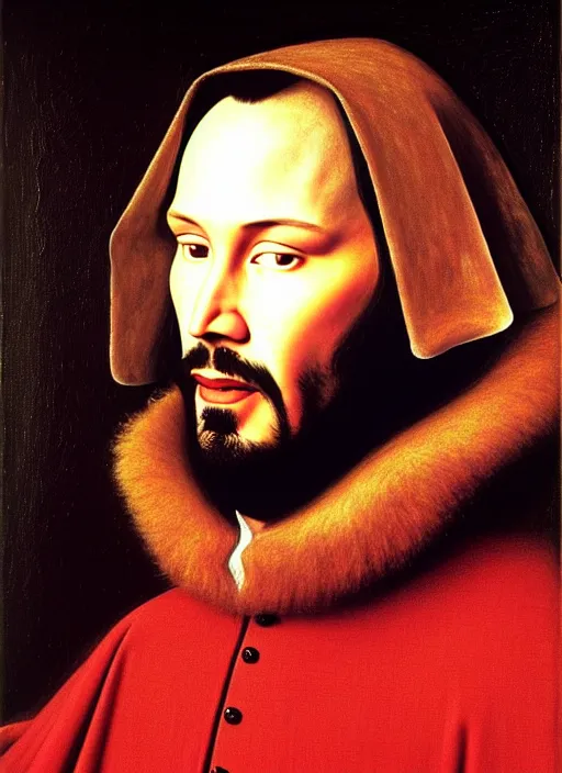 Image similar to portrait of keanu reeves, oil painting by jan van eyck, northern renaissance art, oil on canvas, wet - on - wet technique, realistic, expressive emotions, intricate textures, illusionistic detail