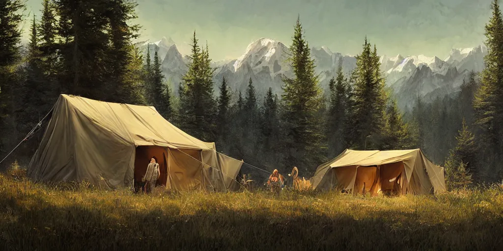 Image similar to cabela's tent fabric shelled pop up family dwelling unit, cabin, modular, person in foreground, mountainous forested wilderness open fields, beautiful views, painterly concept art, joanna gaines, environmental concept art, farmhouse, magnolia, concept art illustration by ross tran, james gurney, by craig mullins, by greg rutkowski