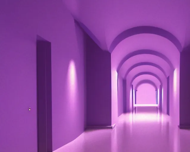 Image similar to a long hallway with a purple wall and some stairs, a hologram by michelangelo, cg society, harlem renaissance, y 2 k aesthetic, vaporwave, 1 9 9 0 s