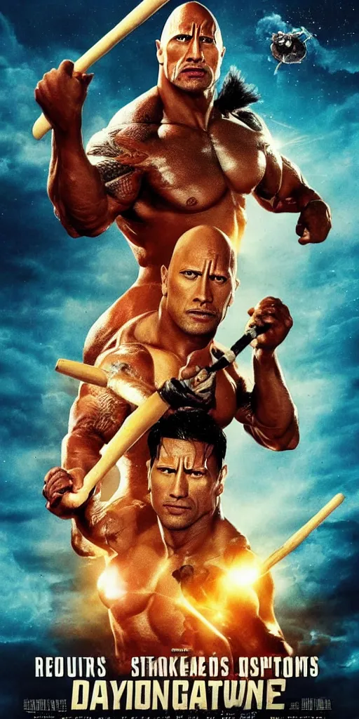 Image similar to movie poster of dwayne johnson with a baseball bat fighting king ghidorah outside a space station