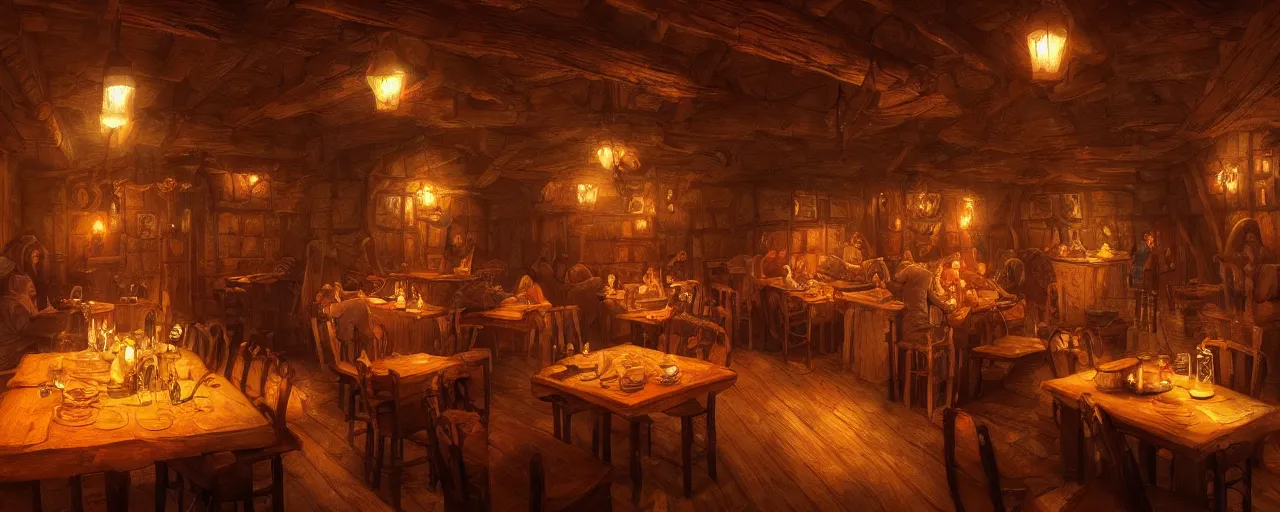 Prompt: Medieval tavern interior cozy in the style of michael whelan, warm colors, firelight, 4:3 aspect ratio, hyper realistic, fantasy art, artstation