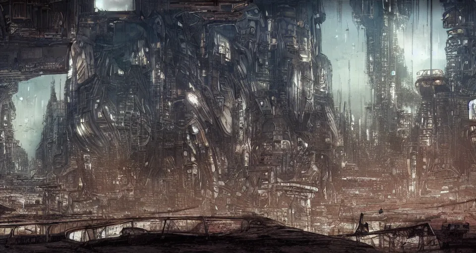 Prompt: view on futuristic city in the horizon, illustration by enki bilal, detailed, sharp, 8 k