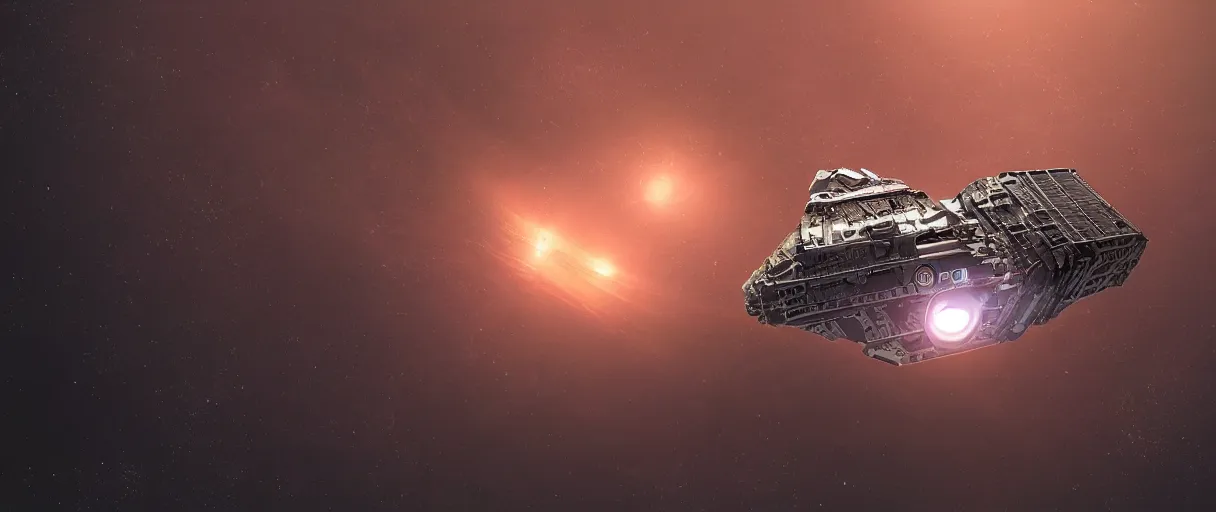 Image similar to illustration, a single small spaceship, nasa, deep space exploration, alone, the expanse tv series, industrial design, battlestar galactica tv series (2004), cinematic lighting, 4k, greebles, widescreen, wide angle, sharp and blocky shapes, rich colors, hyper realistic, hubble photography, beksinski