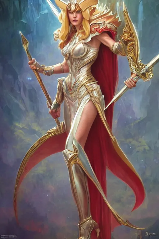 Image similar to ultra realistic illustration, nicole kidman dressed as she - ra the princess of power, sci - fi, fantasy, intricate, elegant, highly detailed, digital painting, artstation, concept art, smooth, sharp focus, illustration, art by artgerm and greg rutkowski and alphonse mucha