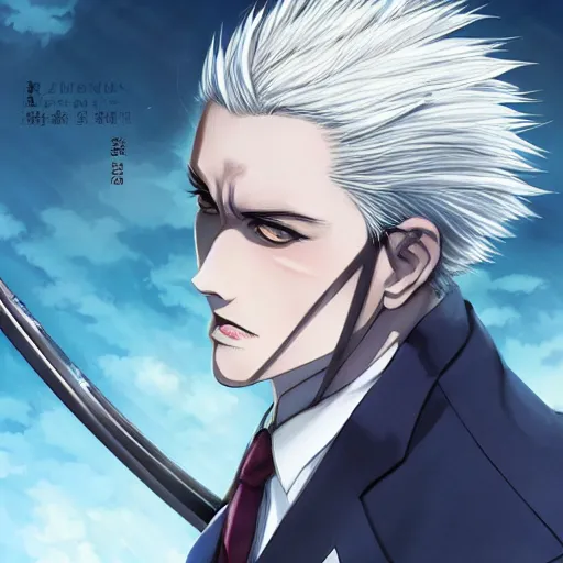 Image similar to semi realistic anime illustration of short slick backed white haired man, wearing dark blue suit, clutching katana, with beautiful hyperdetailed sky blue eyes, facing camera directly, full body shot, full face portrait made by Stanley Artgerm, WLOP, Rossdraws, James Jean Andrei Riabovitchev, Marc Simonetti, Yoshitaka Amano, Artstation