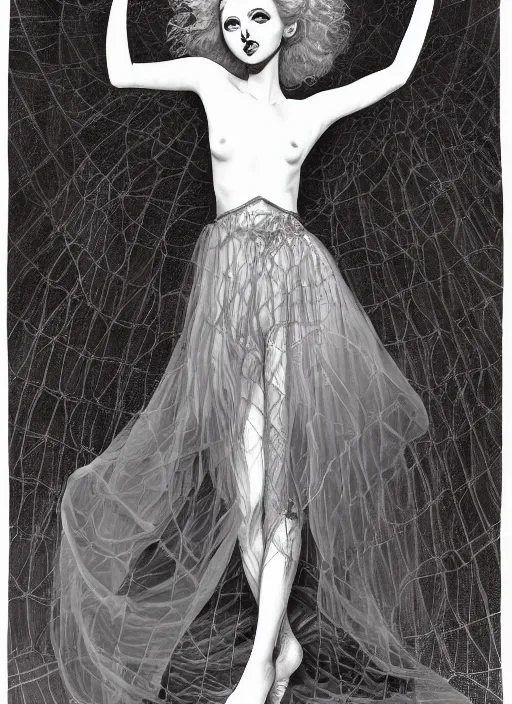 Image similar to surrealism psychedelic full body portrait sketch of lily cole as delirium of the endless in fishnet top and tutu skirt from the sandman, by alex ross, josh kirby, detailed, elegant, intricate