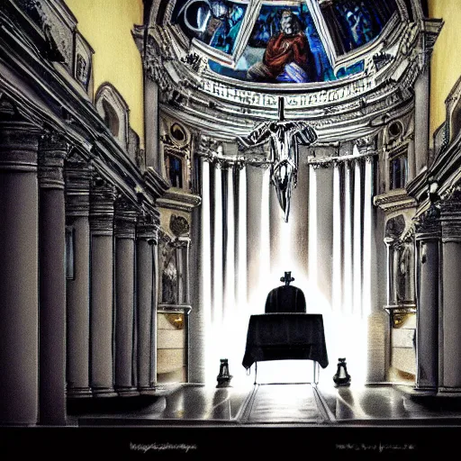 Prompt: a priest baptizing a of psychedelic robot in a vatican church wide - angle. holy light. painting. desaturated