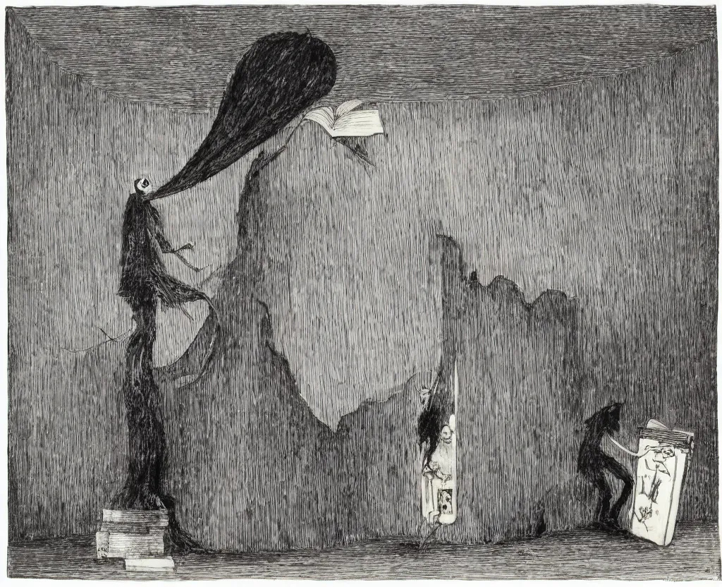 Image similar to a painting of a large book on a stand with evil vapors escaping from it, in the style of edward gorey