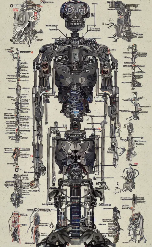 Image similar to anatomy of the terminator, robot, cyborg, t100, bloodborne diagrams, mystical, intricate ornamental tower floral flourishes, rule of thirds, technology meets fantasy, map, infographic, concept art, art station, style of wes anderson