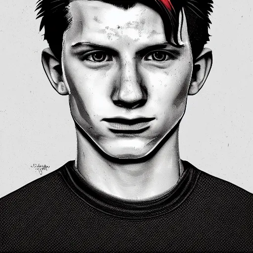 Prompt: portrait of tom holland's spider man, highly detailed, centered, solid color background, digital painting