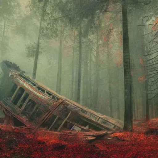 Image similar to an old big shipwreck in an autumn forest, green and red tones, by Aron Wiesenfeld and beksincki, cinematic, detailed illustration, nature, fog, dark colors, suspense, intricate, 8k