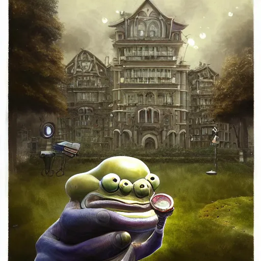 Image similar to A portrait of a scary godlike anthropomorphic frog smoking a cigarette , mushroom mansion in the background . award winning. superb resolution. in the art style of junji Ito and greg rutkowski . Detailed Mushroom city in background. Hyper realistic anime. Perfect art. Dalle2