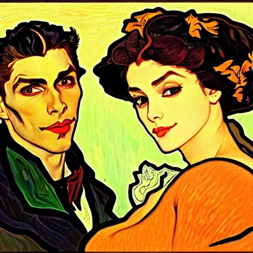 Image similar to painting of handsome young beautiful jeff and gorgeous rina together at the jack o'lantern halloween party, elegant, clear, painting, stylized, art, art by alphonse mucha, vincent van gogh, egon schiele,