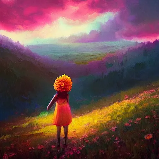 Image similar to giant daisy flower head, girl hiking in the mountains, surreal photography, sunrise, dramatic light, impressionist painting, colorful clouds, digital painting, artstation, simon stalenhag