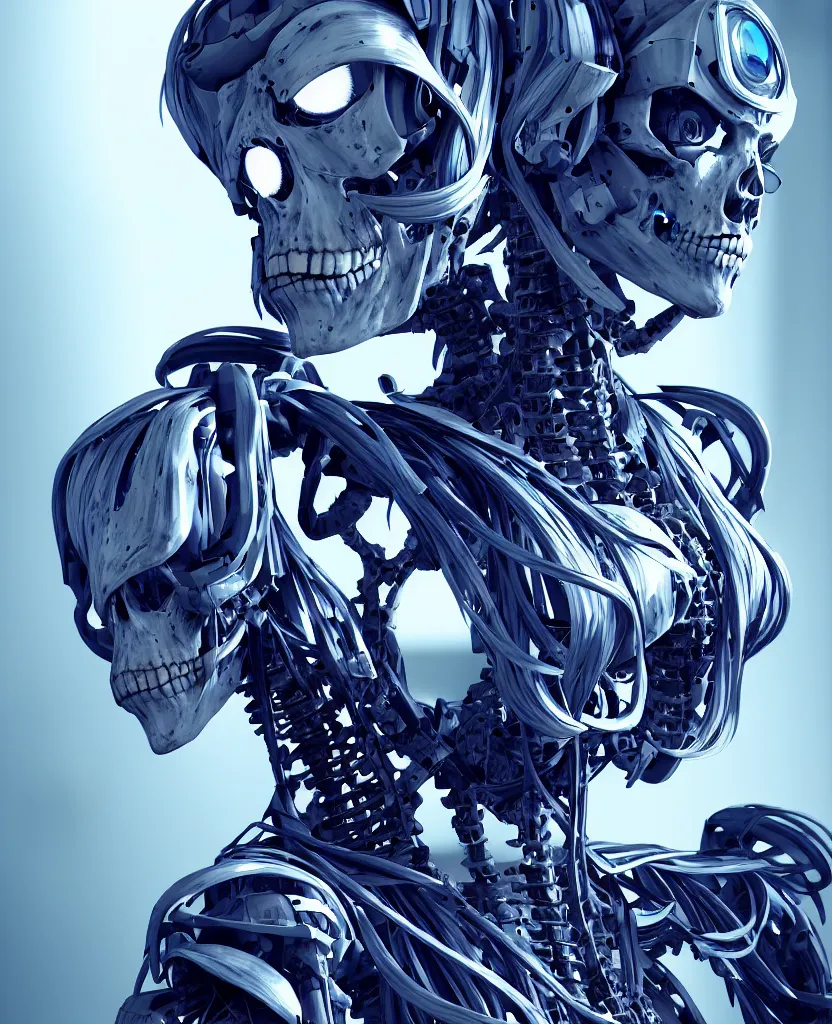 Image similar to close-up macro portrait of the face of a beautiful cyberpunk girl with mecha, epic angle and pose, ribcage skeleton symmetrical artwork, 3d with depth of field, blurred background, cybernetic machine female face, translucent, nautilus, energy flows of energy. a highly detailed epic cinematic concept art CG render. made in Maya, Blender and Photoshop, octane render, excellent composition, cinematic dystopian brutalist atmosphere, dynamic dramatic cinematic lighting, aesthetic, very inspirational, arthouse, Greg Rutkowski, Ilya Kuvshinov, WLOP, Stanley Artgerm Lau, Ruan Jia and Fenghua Zhong