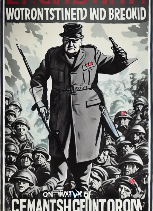 Prompt: winston churchill captain england standing on a pile of defeated, beaten and broken german soldiers. captain england wins wwii. brittish wwii propaganda poster by james gurney and pixar. overwatch.