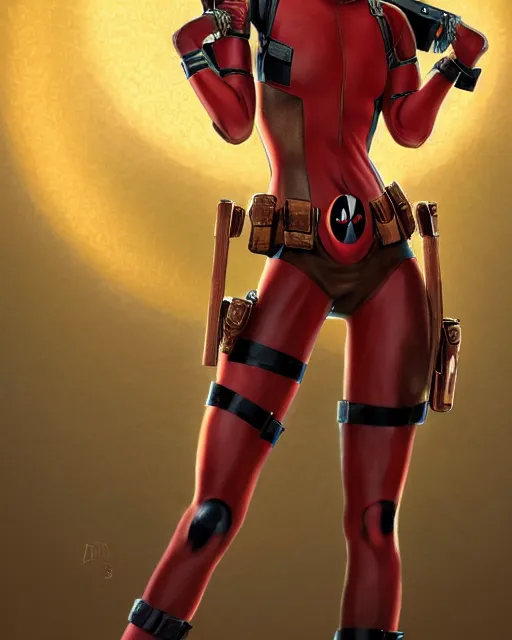 Prompt: beautiful deadpool as honey, made of honey, wearing honey - themed miniskirt, award winning creature portrait photography, extremely detailed, artstation, 8 k, sensual lighting, incredible art, wlop, artgerm, backlit, rim lighting, hi - fructose