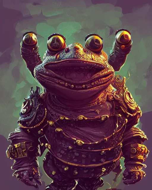 Image similar to a slimy anthropomorphic toad king wearing ornate steampunk armor, smooth, intricate, elegant, digital painting, artstation, steam, grungy steel, concept art, sharp focus, octane render, illustration, art by josan gonzalez and riot studios and blizzard studios,