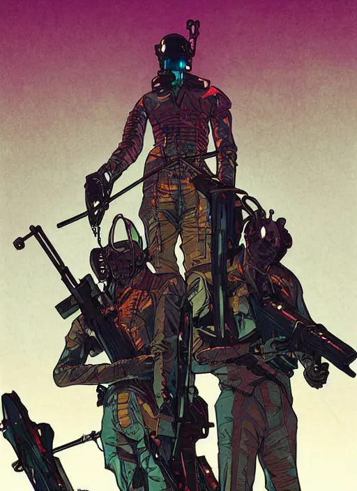 Prompt: cyberpunk arasaka assassins on skiff. oil rig in the background. portrait illustration, pop art, art by ashley wood, alphonse mucha, laurie greasley and josan gonzalez. cinematic. dynamic lighting. realistic proportions. creative design. cell shading