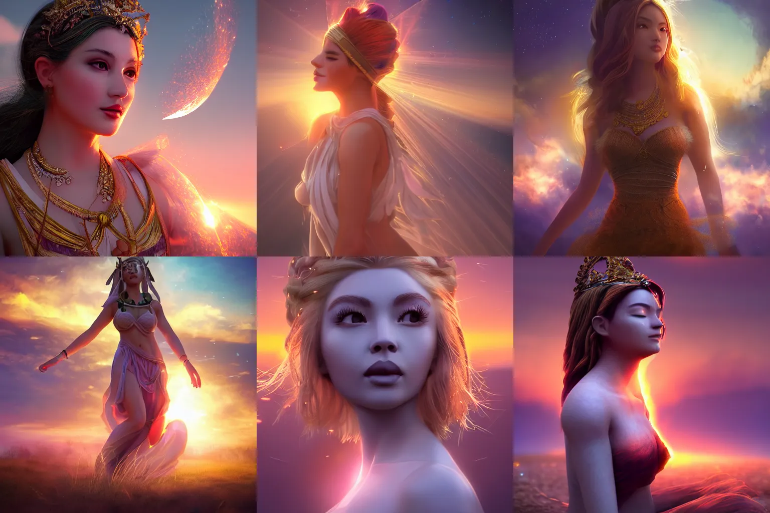 Prompt: a beautiful female goddess of sunsets character, character is in all its glory, character is centered on the image, character is in her natural relaxed pose, rim lights, particles and dust in the air, fancy clouds, highly detailed professional photo, dynamic lights, particles are flying, depth of field, trending on artstation, illustration, hyper realistic, vray caustics, super detailed, colorful accents, cinematic shot