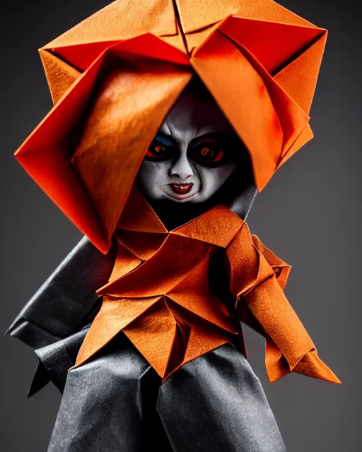 Image similar to an origami scary doll by akira yoshizawa, realistic, very detailed, complex, intricate, studio lighting, bokeh, sigma 5 0 mm f 1. 4