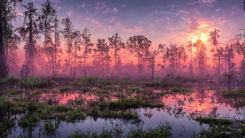 Prompt: abandoned huge building, puddles of water, mushrooms, sunrise, purple glow, by greg rutkowsky and ivan shishkin,