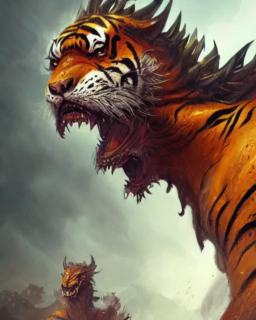 Image similar to A tiger, skin dragon, calm, highly detailed face, full body, fantasy art, monster art, in the style of greg rutkowski, illustration, epic, fantasy, intricate, hyper detailed, artstation, concept art, smooth, sharp focus, ray tracing