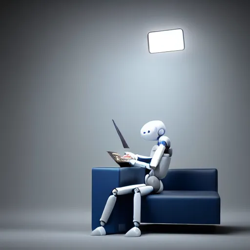 Prompt: futuristic lonely matte gray and glossy white and translucent blue humanoid robot with huge comically sad OLED eyes and open rectangular mouth sits facing to the left, reading a hardbound leather book on a large comfortable cushioned midcentury chair. Cinematic Lighting, Cinematic Movie Photograph, Arri Alexa, Extremely Detailed, smooth, very very clean, simple, 8K, octane render, maya render, unreal engine, trending on artstation, DSLR