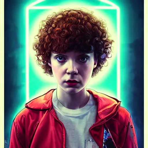 Image similar to Sophia Lillis in Stranger Things, cyberpunk, surrounded by smoke, award-winning art, hyperrealistic, by Sam Spratt, by Vlad Rodrig﻿u﻿e﻿z, trending on Artstation, dark, dramatic, cinematic, realistic studio lighting, raytracing, 4k, professional, canon