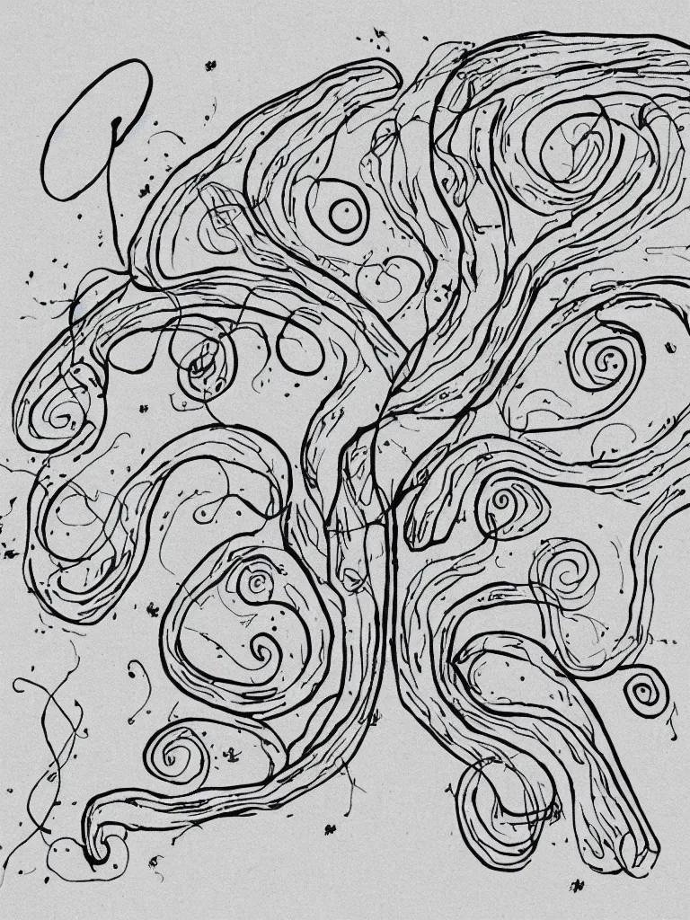 Image similar to a single line tracing of an acorn that turns into a tree in the shape of a treble clef with a perceptual edge in the middle, single line drawing with small color explosions