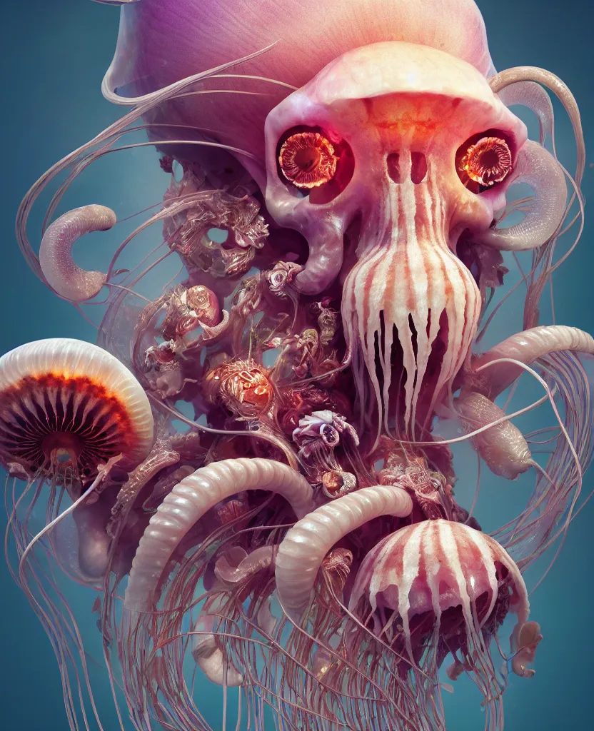 Image similar to goddess close-up portrait ram skull. jellyfish phoenix head, nautilus, orchid, skull, betta fish, bioluminiscent creatures, intricate artwork by Tooth Wu and wlop and beeple. octane render, trending on artstation, greg rutkowski very coherent symmetrical artwork. cinematic, hyper realism, high detail, octane render, 8k