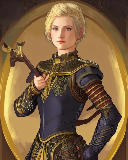 Image similar to young paladin woman, short blonde hair, plate chest armour, symmetrical portrait RPG avatar, by Mucha, intricate, 8k,