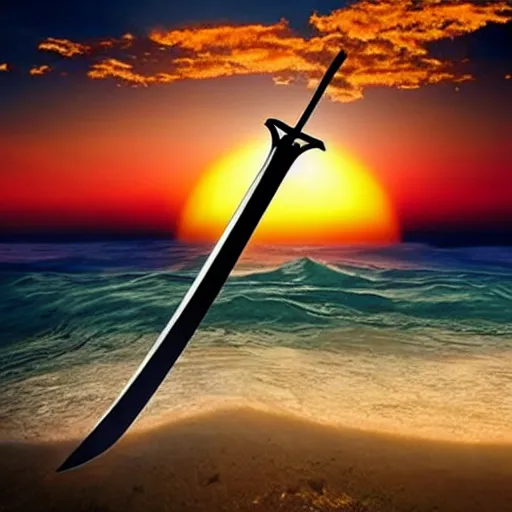 Prompt: a floating sword in front of a sunrise, extremely realistic and beautiful