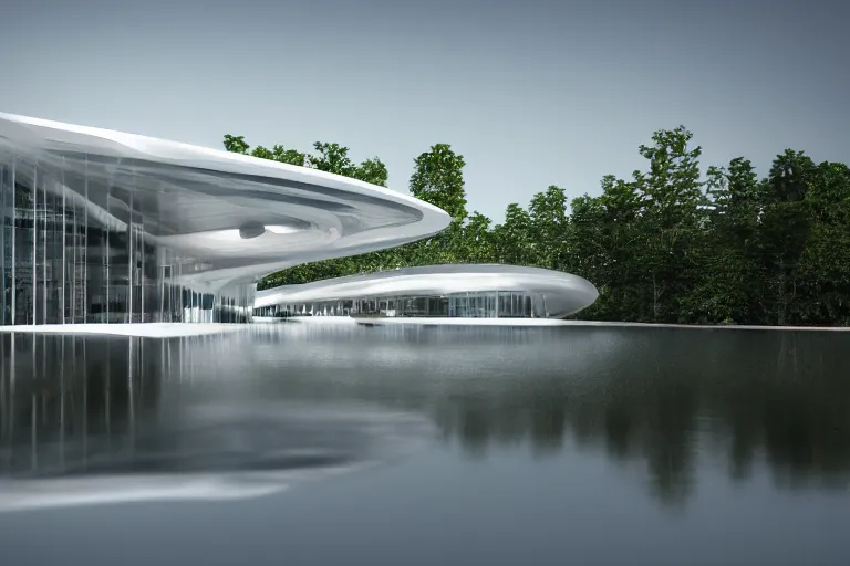 Image similar to a building formed by the combination of many white spherical spaces and boolean, on the calm lake, people's perspective modern curved architecture, future, wood, marble, metal award winning, highly detailed 4 k art, dusk, unreal engine highly rendered, global illumination, radial light, internal environment by kazuyo sejima