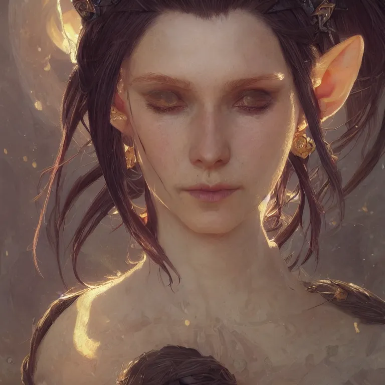 Prompt: portrait of an elf queen, D&D, fantasy, highly detailed, digital painting, artstation, concept art, smooth, sharp focus, illustration, art by greg rutkowski and alphonse mucha