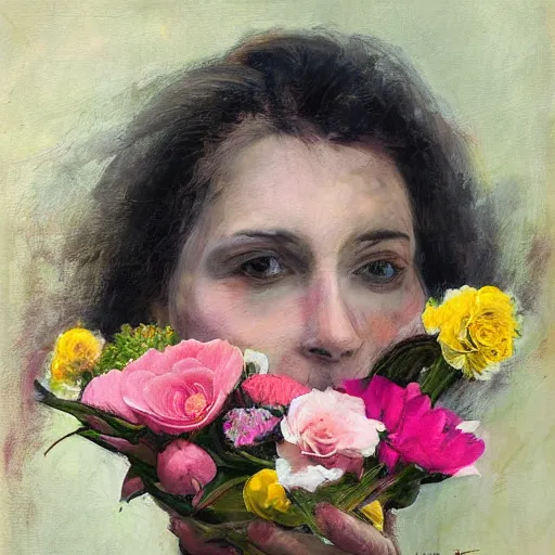 Prompt: woman with flowers, by Michael Johnson