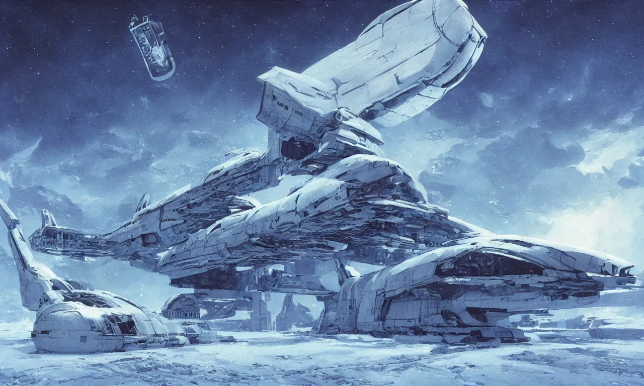 Image similar to remains of a derelict spaceship covered in snow on a frozen alien world, science-fiction, cinematic lighting, cinematic angle, Syd Mead, Federico Pelat, daylight, blue sky, spaceship in the sky