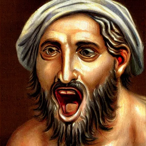 Prompt: portrait of ancient greek man yawning with big eyes and sharp nose. fine detail. artistic painting by lurid