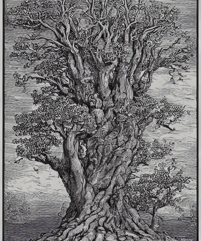 Prompt: ancient gnarled oak, tree of life on top of an open book, art by james o barr and albrecht durer and gustave dore, woodblock print, engraved, black and white, vector, vector art