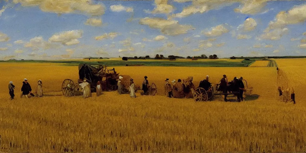 Image similar to a field full of Amish Farmers shocking wheat by John Singer Sargent