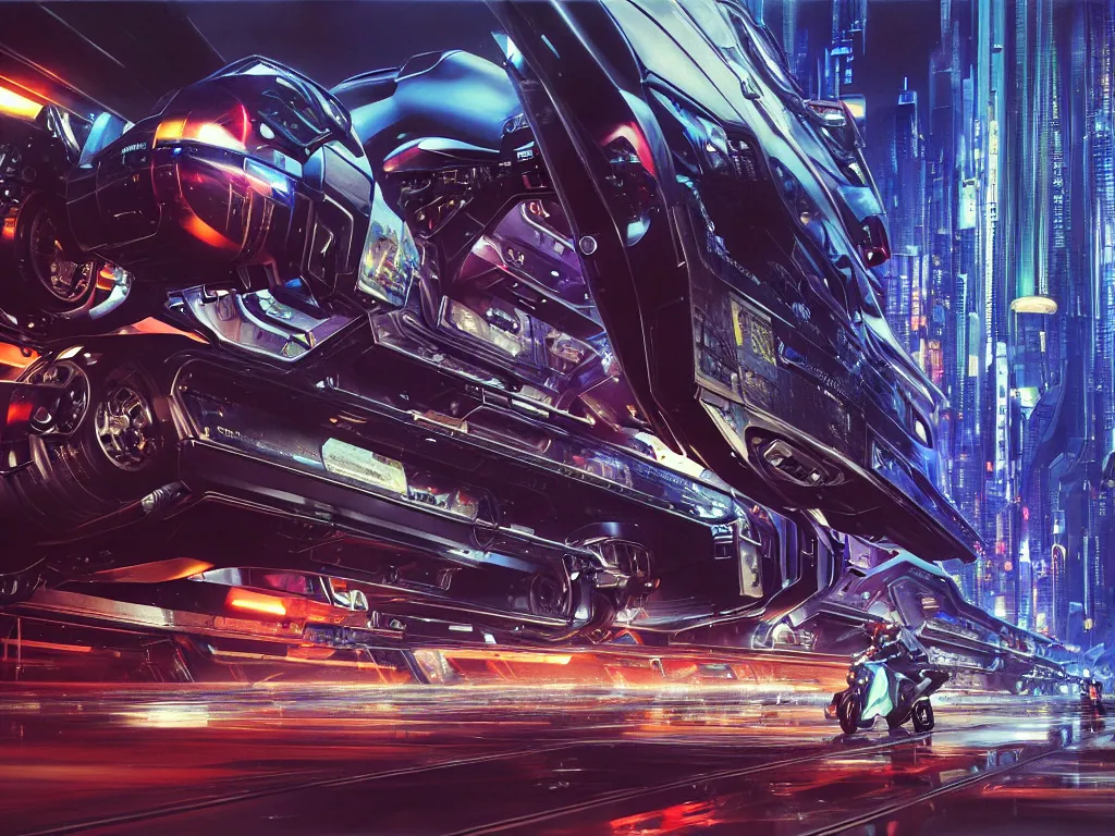 Prompt: hyperrealistic painting of a slice of life from a futuristic city, mechanical designs, futuristic vehicles, technological, engineering, night, vivid color, motorbikes, elegant, meticulous, cinematic, cyberpunk style, highly detailed!, realism, intricate, acrylic on canvas, 8 k resolution, concept art, by noriyoshi ohrai, john berkey, moebius