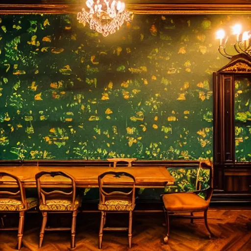 Image similar to beautiful 35mm footage landscape photography of a old Victorian Dining room, wood, green black gold brown colors, ornate wallpaper, stylistic furniture, window open to dark forest at night, wide-angle lens, detailed