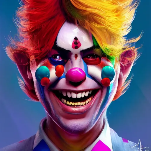 Image similar to Portrait of a colorful happy joyful funny clown, artstation, cgsociety, masterpiece