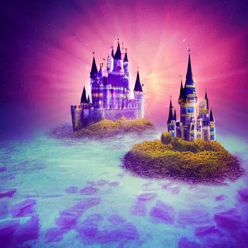 Prompt: underwater castle with spires, pastel colors, bright landscape, fairytale, dreamy light, floating particles, jacek yerga and jesse king