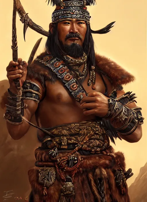 Prompt: tai warlord, portrait, historical, ethnic group, traditional costume, leather armor, fantasy, intricate, with dong son bronze artifacts, beads cross onbare chest, elegant, loin cloth, highly detailed, oill painting, artstation, concept art, matte, sharp focus, illustration, hearthstone, art by earl norem